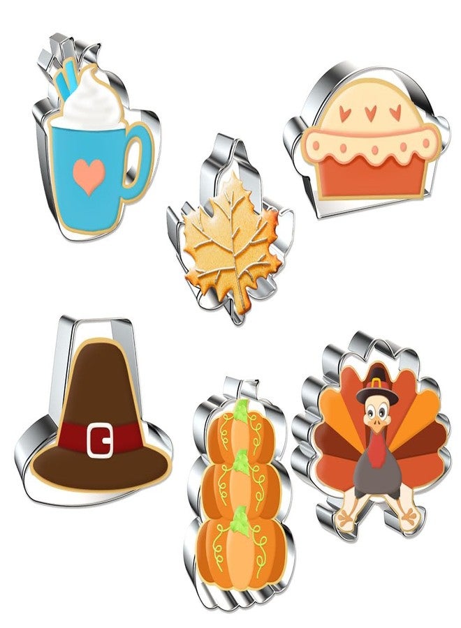 Threetols Fall Thanksgiving Cookie Cutter Set, 6pcs Stainless Steel Autumn Biscuit Cutters Pumpkin Maple Leaf Hat Coffee Cup Pie Turkey Shapes Metal Cookie Cutters Molds for Thanksgiving Baking Party Supplies - Image 1