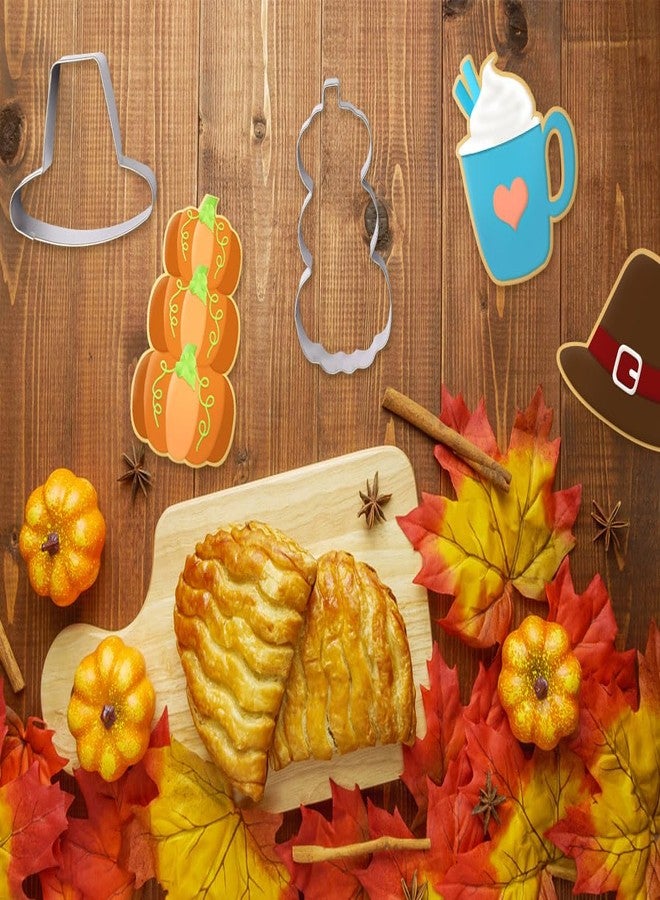 Threetols Fall Thanksgiving Cookie Cutter Set, 6pcs Stainless Steel Autumn Biscuit Cutters Pumpkin Maple Leaf Hat Coffee Cup Pie Turkey Shapes Metal Cookie Cutters Molds for Thanksgiving Baking Party Supplies - Image 4