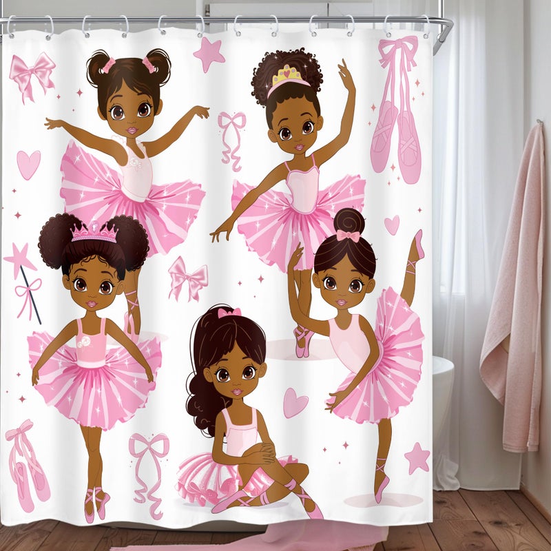 Riyidecor Pink Ballet Shower Curtain Cute Girls Princess Ballerina Dancer Skirt Gymnastic Kids Nursery Bathroom Child Fabric Waterproof for Bathtub 72Wx72H Inch Include 12 Pack Plastic Shower Hooks - Image 1