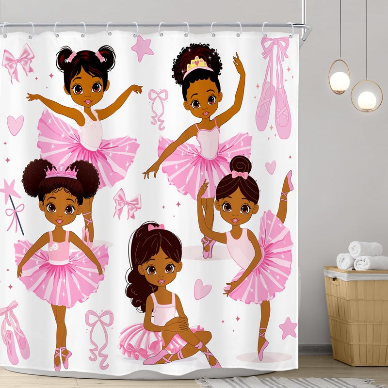 Riyidecor Pink Ballet Shower Curtain Cute Girls Princess Ballerina Dancer Skirt Gymnastic Kids Nursery Bathroom Child Fabric Waterproof for Bathtub 72Wx72H Inch Include 12 Pack Plastic Shower Hooks - Image 2