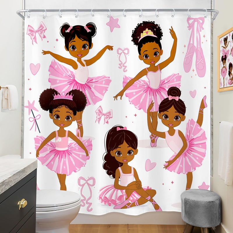 Riyidecor Pink Ballet Shower Curtain Cute Girls Princess Ballerina Dancer Skirt Gymnastic Kids Nursery Bathroom Child Fabric Waterproof for Bathtub 72Wx72H Inch Include 12 Pack Plastic Shower Hooks - Image 4