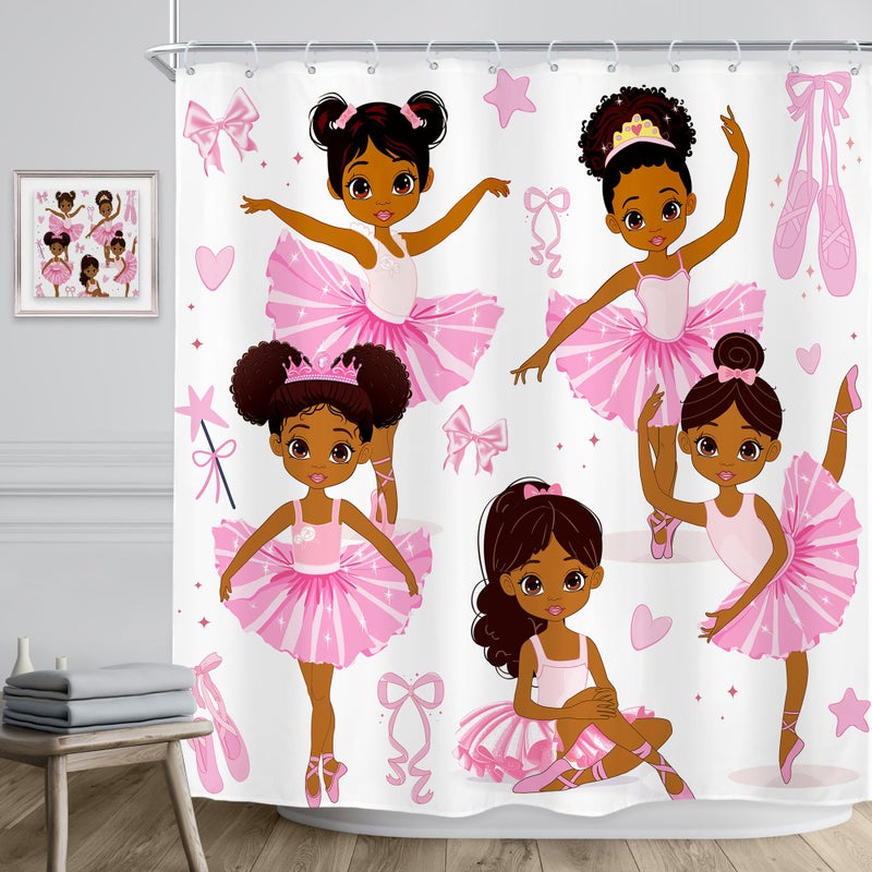 Riyidecor Pink Ballet Shower Curtain Cute Girls Princess Ballerina Dancer Skirt Gymnastic Kids Nursery Bathroom Child Fabric Waterproof for Bathtub 72Wx72H Inch Include 12 Pack Plastic Shower Hooks - Image 3