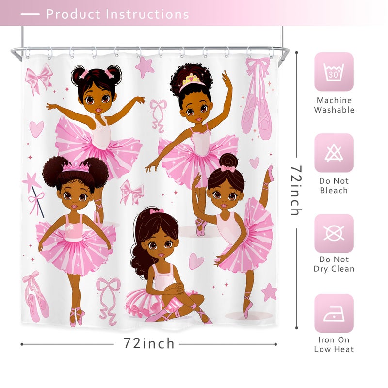 Riyidecor Pink Ballet Shower Curtain Cute Girls Princess Ballerina Dancer Skirt Gymnastic Kids Nursery Bathroom Child Fabric Waterproof for Bathtub 72Wx72H Inch Include 12 Pack Plastic Shower Hooks - Image 5