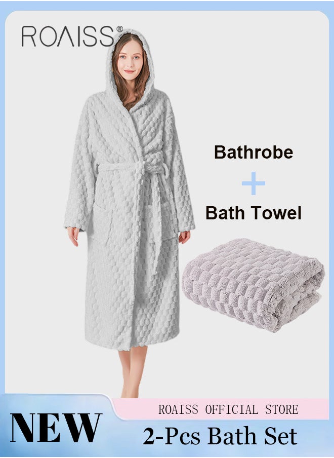 roaiss - 2 Piece Bath Set for Women and Men Thicken Absorbent Bathrobe and Bath Towel in Cloud Pattern Coral Fleece Sleepwear Autumn Winter Ladies Lightweight Soft Non Shedding Robe with Hood - Image 1