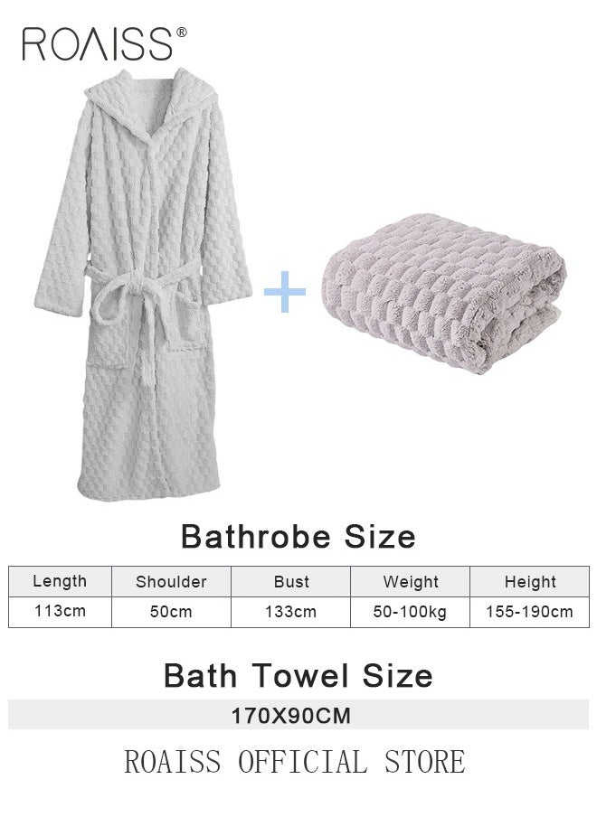 roaiss - 2 Piece Bath Set for Women and Men Thicken Absorbent Bathrobe and Bath Towel in Cloud Pattern Coral Fleece Sleepwear Autumn Winter Ladies Lightweight Soft Non Shedding Robe with Hood - Image 1