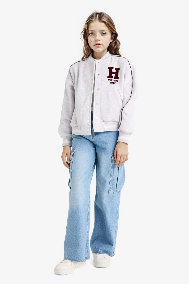 ديفاكتو Girl College Collar Back Printed Bomber Jacket
