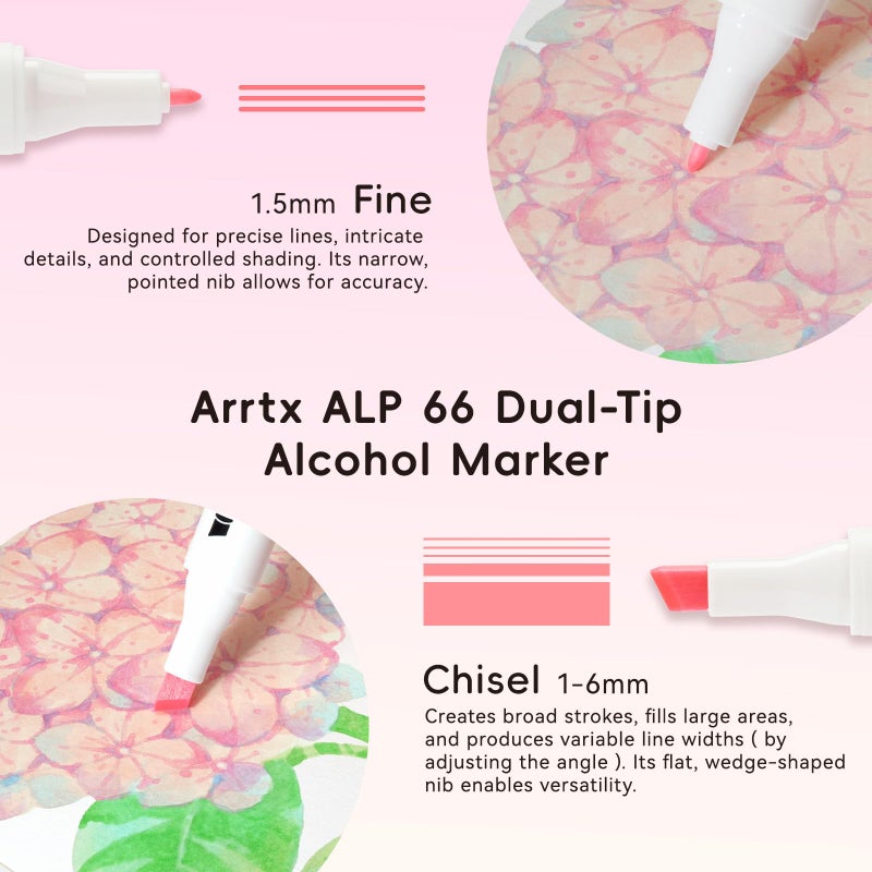 Arrtx Alcohol Markers ALP 66 Pastel Colors,Chisel and Fine Tip Professional Art Markers for Adult Artists Coloring Drawing Sketching Illustration - Image 3