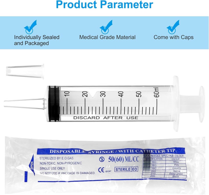 A AKRAF 3 Pack 60ml Syringes with Cap, Sterile Syringe Individually Packaged for Labs, Liquid Measuring, Feeding Pets,Oil or Glue Applicator - Image 4
