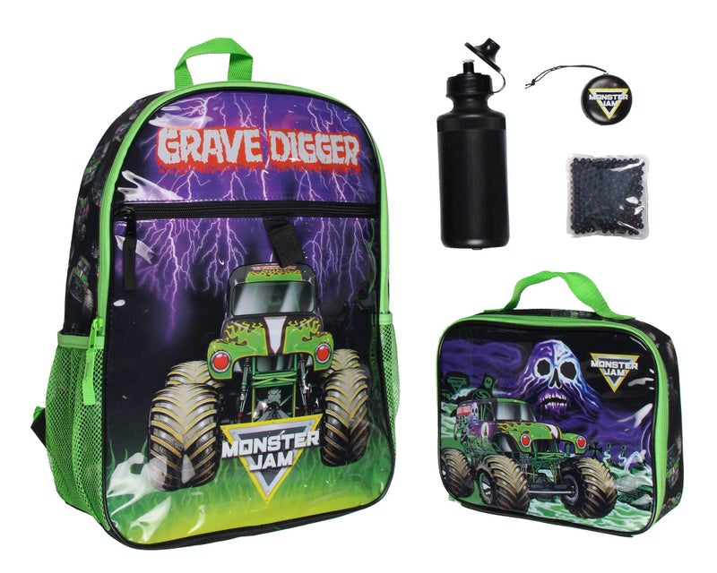 INTIMO Monster Jam Grave Digger Truck 5 PC Backpack Lunch box Icepack Water Bottle Keychain - Image 1