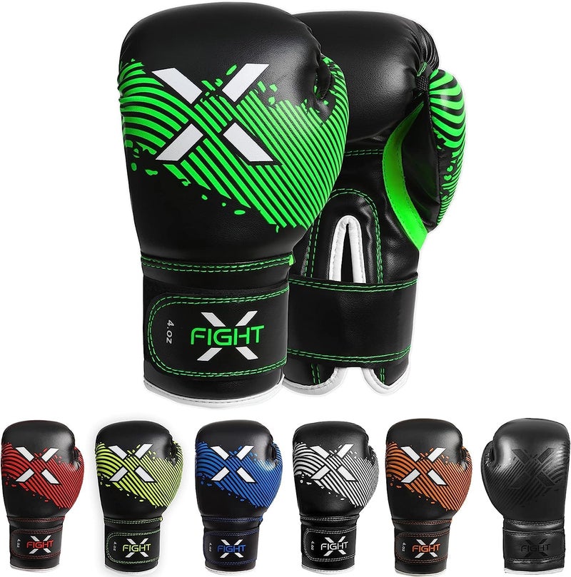 FightX قفازات ملاكمة FightX للأطفال من 3 إلى 8 سنوات 4 6 أونصات تدريب MMA للأولاد والبنات قفازات كيك بوكسينغ للتمرين، كيس الضرب، موياي تاي، MMA (أسود/أخضر، 6 أونصات) - Image 1