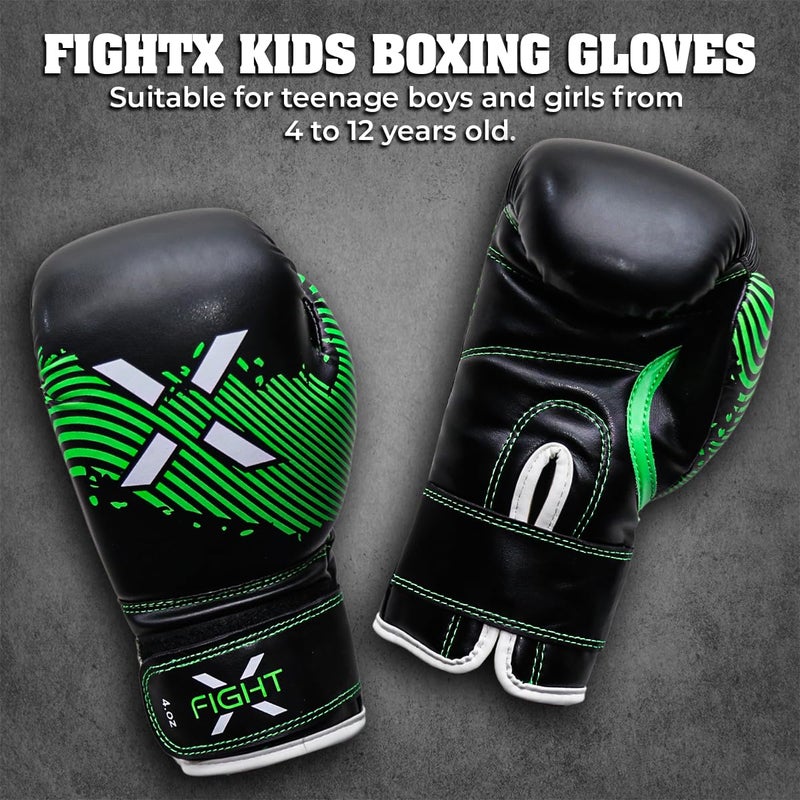 FightX قفازات ملاكمة FightX للأطفال من 3 إلى 8 سنوات 4 6 أونصات تدريب MMA للأولاد والبنات قفازات كيك بوكسينغ للتمرين، كيس الضرب، موياي تاي، MMA (أسود/أخضر، 6 أونصات) - Image 5