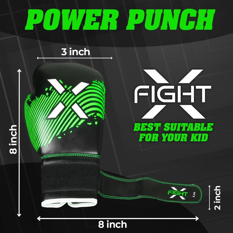 FightX قفازات ملاكمة FightX للأطفال من 3 إلى 8 سنوات 4 6 أونصات تدريب MMA للأولاد والبنات قفازات كيك بوكسينغ للتمرين، كيس الضرب، موياي تاي، MMA (أسود/أخضر، 6 أونصات) - Image 3