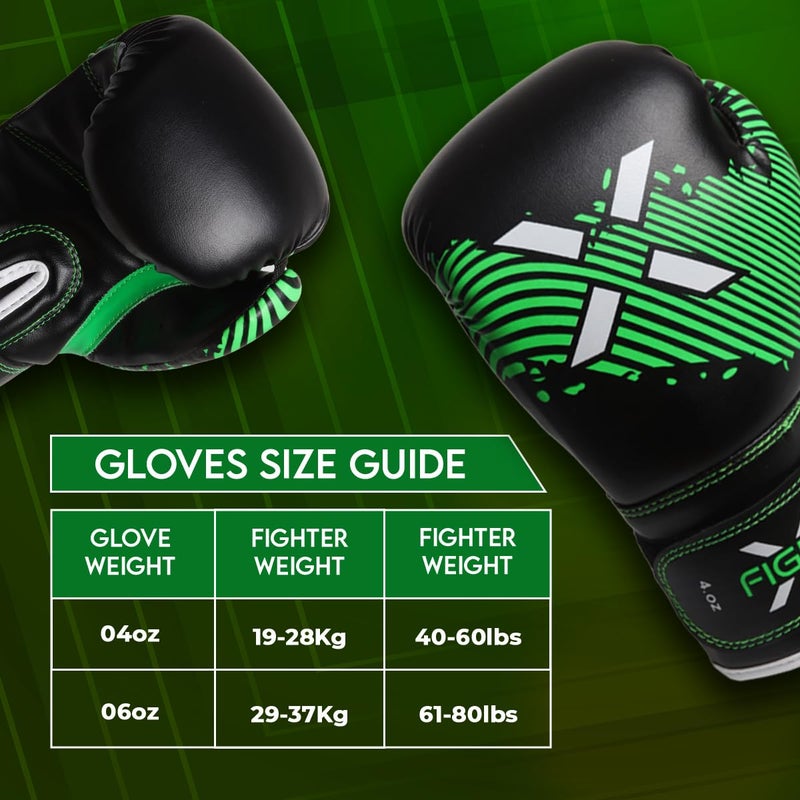 FightX قفازات ملاكمة FightX للأطفال من 3 إلى 8 سنوات 4 6 أونصات تدريب MMA للأولاد والبنات قفازات كيك بوكسينغ للتمرين، كيس الضرب، موياي تاي، MMA (أسود/أخضر، 6 أونصات) - Image 4