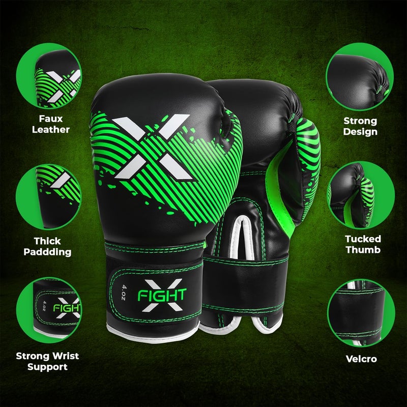 FightX قفازات ملاكمة FightX للأطفال من 3 إلى 8 سنوات 4 6 أونصات تدريب MMA للأولاد والبنات قفازات كيك بوكسينغ للتمرين، كيس الضرب، موياي تاي، MMA (أسود/أخضر، 6 أونصات) - Image 2
