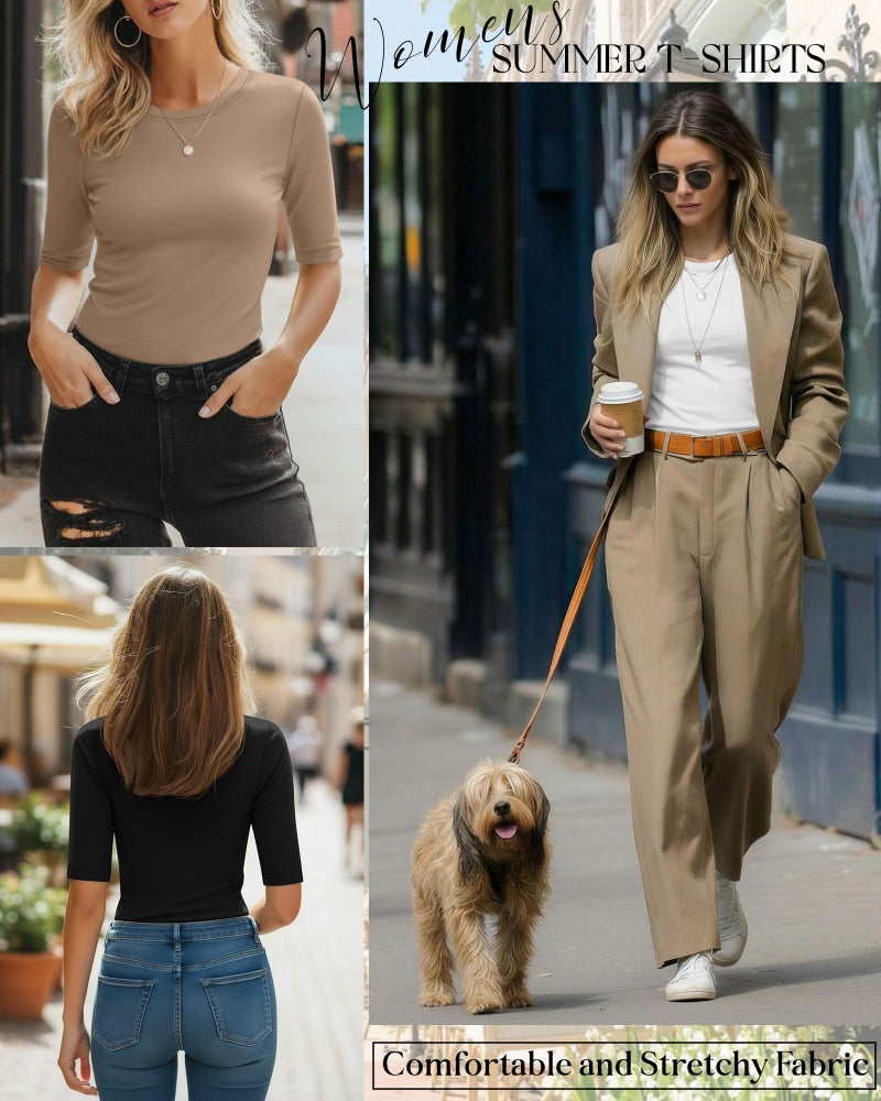 Riyiper 3 Pack Women's Half Sleeve Tops Crewneck 1/2 Sleeve T Shirts Elbow Length Tops Slim Fit Cotton Blend Basic Tees(Black, White, Khaki,L) - Image 4