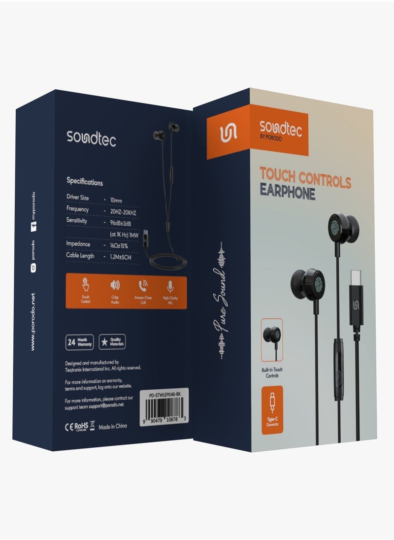 porodo - Earphone with Touch Controls and Type-C Connector / High-Clarity Mic / Crisp Audio / Answer-Close Call / Stable and Fast Connection - Black - Image 1