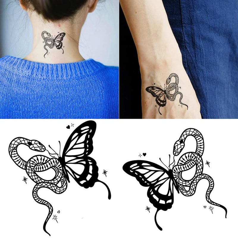 Small Cute Temporary Tattoo Sticker Set of 2 - Snake And Butterfly Designs for Hand Neck Face Wrist, Waterproof Fake Body Art, Simple & Modern Unisex Skin Decals