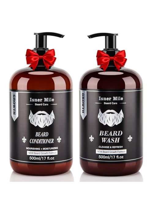 isner mile ISNER MILE Beard Wash and Conditioner Set 17 oz New Formula with Biotin Argan & Jojoba Oils Smooth Soften Strengthen Shampoo with Oil Gifts for Men 
