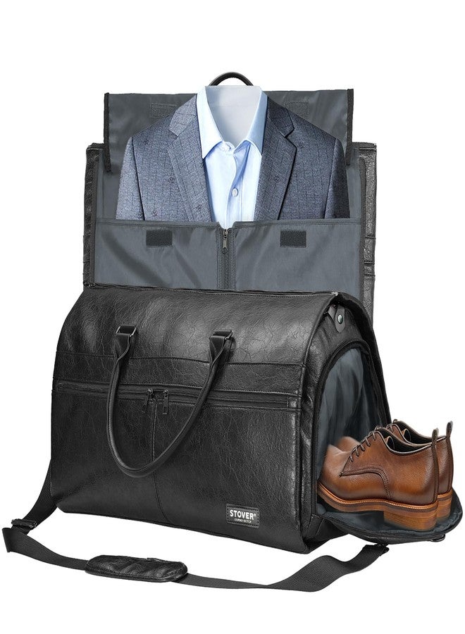 Stover Garment Travel Duffle Bag, Large 2-in-1 Convertible Carry-on Luggage for Men & Women- Hanging Suits, Dresses & Clothes + Shoe Compartment- Weekender Tote Combo Duffel, Leather Black - Image 1