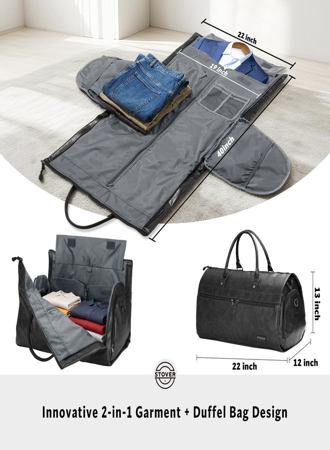 Stover Garment Travel Duffle Bag, Large 2-in-1 Convertible Carry-on Luggage for Men & Women- Hanging Suits, Dresses & Clothes + Shoe Compartment- Weekender Tote Combo Duffel, Leather Black - Image 2