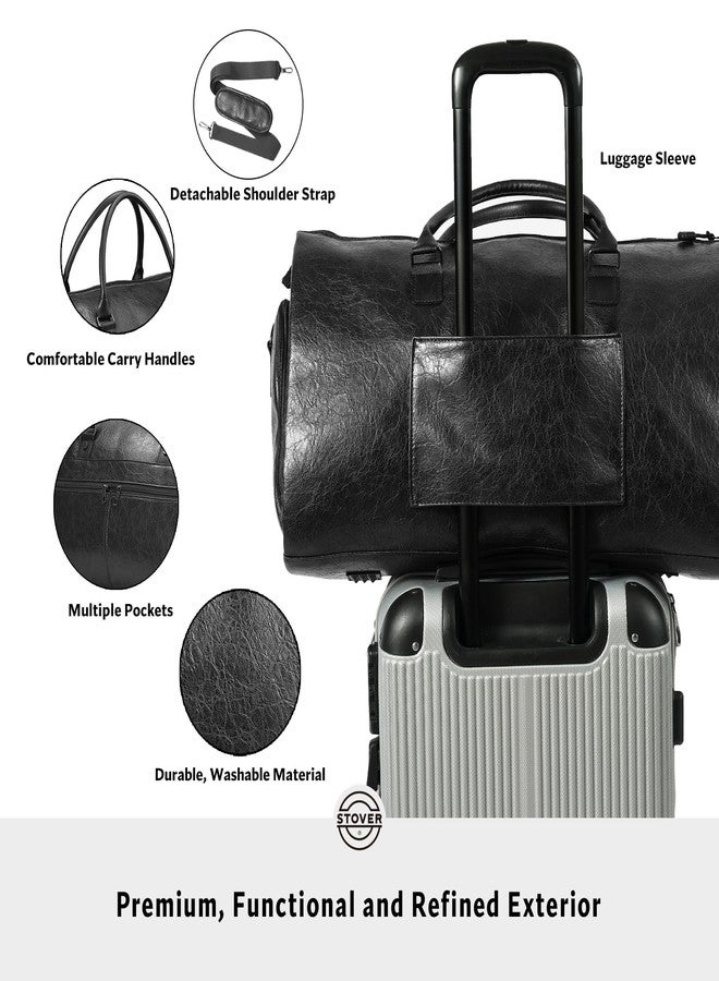 Stover Garment Travel Duffle Bag, Large 2-in-1 Convertible Carry-on Luggage for Men & Women- Hanging Suits, Dresses & Clothes + Shoe Compartment- Weekender Tote Combo Duffel, Leather Black - Image 4