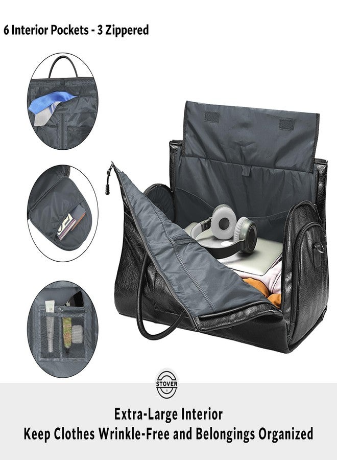 Stover Garment Travel Duffle Bag, Large 2-in-1 Convertible Carry-on Luggage for Men & Women- Hanging Suits, Dresses & Clothes + Shoe Compartment- Weekender Tote Combo Duffel, Leather Black - Image 3