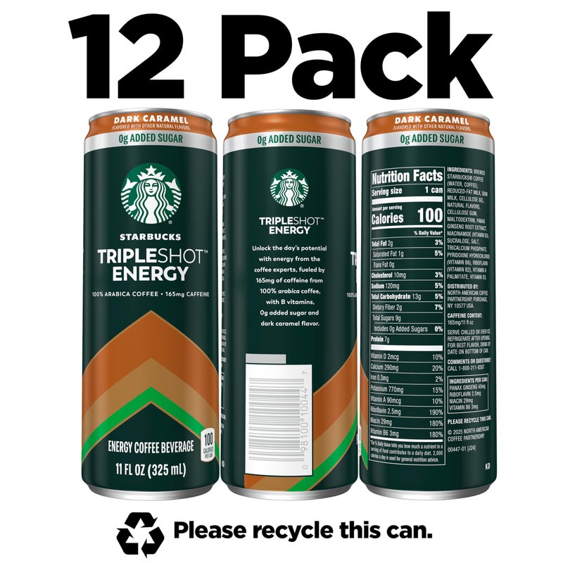 Starbucks Tripleshot Coffee Energy Drink, Dark Caramel, 11 fl oz Cans (12 Pack), Triple Blend, 165mg Caffeine, B Vitamins, Protein, Iced Coffee (Packaging and Formula May Vary) - Image 2