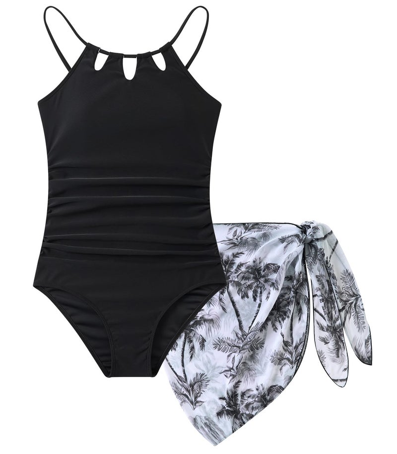 Cuddomper Girls Swimsiut Size 13-14 Black Teen One-Piece Bathing Suit with Tropical Print Mesh Cover Ups Cut Out Adjustable Straps Summer Swimwear - Image 1
