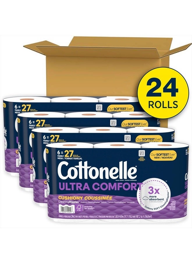 Cottonelle Ultra Comfort Toilet Paper with Cushiony CleaningRipples Texture, 24 Family Mega Rolls (24 Family Mega Rolls = 108 Regular Rolls) (4 Packs of 6), 296 Sheets per Roll, Packaging May Vary - Image 2