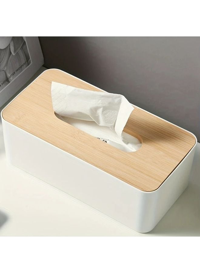 White Modern Bamboo Lid Tissue Box Holder Simple Style Plastic Square Dispenser - Image 1