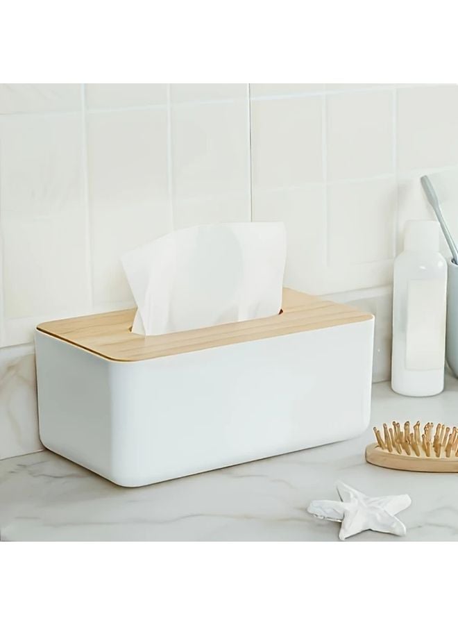 White Modern Bamboo Lid Tissue Box Holder Simple Style Plastic Square Dispenser - Image 5