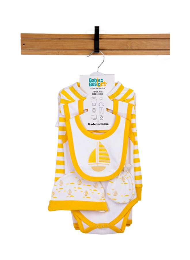 Babies Basic 7 Piece Unisex 100% Cotton Gift Set Include Bib, Blanket, Mitten, Cap, Romper, Top And Bottom Set, Yellow  - Image 1