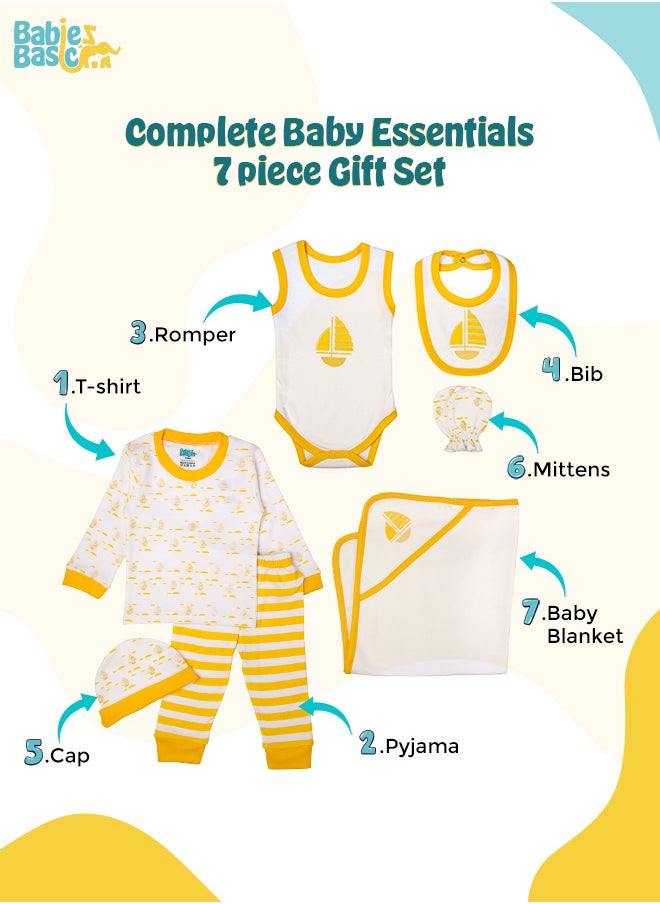 Babies Basic 7 Piece Unisex 100% Cotton Gift Set Include Bib, Blanket, Mitten, Cap, Romper, Top And Bottom Set, Yellow  - Image 3