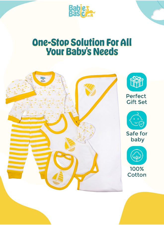 Babies Basic 7 Piece Unisex 100% Cotton Gift Set Include Bib, Blanket, Mitten, Cap, Romper, Top And Bottom Set, Yellow  - Image 2