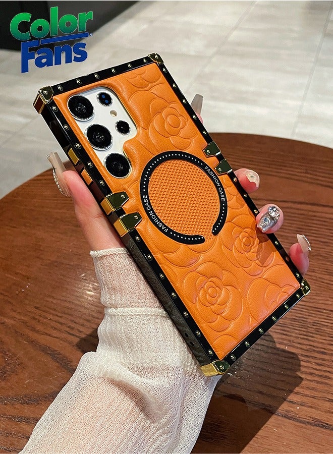 كولور فانس حافظة مغناطيسية قوية منقوشة بالزهور لهاتف سامسونج جالاكسي S23 الترا مع واقي إطار معدني أنيق - برتقالي/أزهار