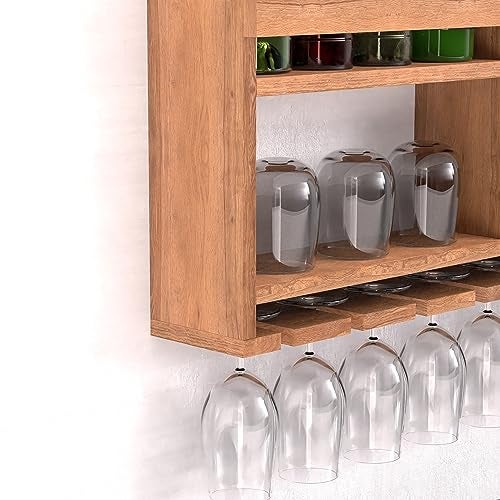 Indigo interiors Wooden Wall Mounted Wine Rack, Bar Cabinet with Glass Storage, Wall Hanging Mini Bar for Home Wine Rack/Holder Upside Down Glass Hanging Organizer Size 30 x 24 Inch (Natural) - Image 5