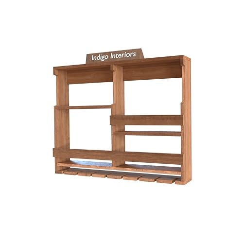Indigo interiors Wooden Wall Mounted Wine Rack, Bar Cabinet with Glass Storage, Wall Hanging Mini Bar for Home Wine Rack/Holder Upside Down Glass Hanging Organizer Size 30 x 24 Inch (Natural) - Image 3