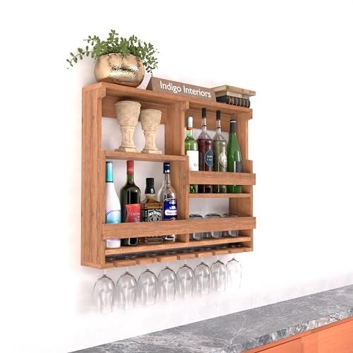 Indigo interiors Wooden Wall Mounted Wine Rack, Bar Cabinet with Glass Storage, Wall Hanging Mini Bar for Home Wine Rack/Holder Upside Down Glass Hanging Organizer Size 30 x 24 Inch (Natural) - Image 2