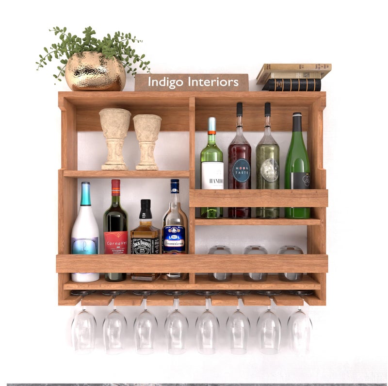Indigo interiors Wooden Wall Mounted Wine Rack, Bar Cabinet with Glass Storage, Wall Hanging Mini Bar for Home Wine Rack/Holder Upside Down Glass Hanging Organizer Size 30 x 24 Inch (Natural) - Image 1