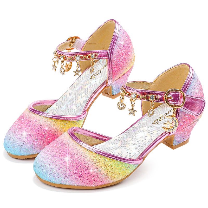 Furdeour Girls Sandals for Rainbow High Heels Toddler Dress up Block Heel Sandal Princess Flower Girls Wedding Size 9(2902Rainbow 9) - Image 1