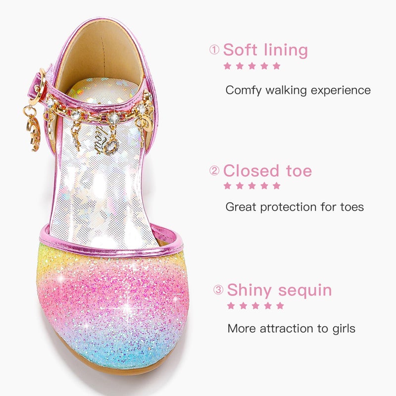 Furdeour Girls Sandals for Rainbow High Heels Toddler Dress up Block Heel Sandal Princess Flower Girls Wedding Size 9(2902Rainbow 9) - Image 5