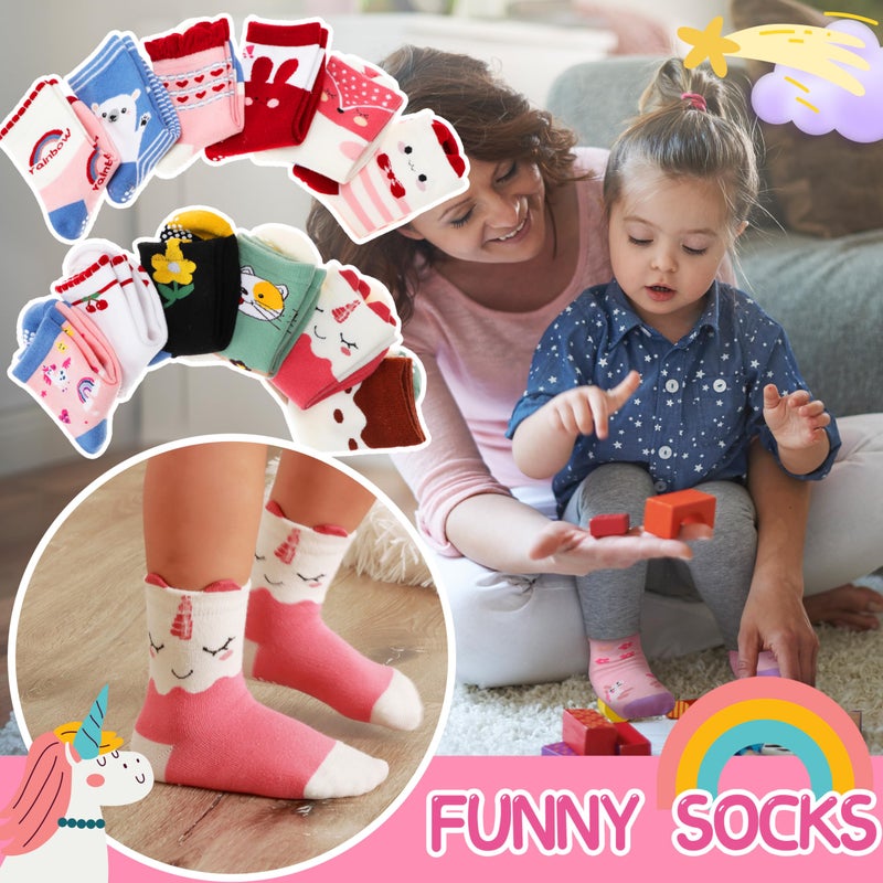 Welwoos Baby Girls Toddlers Grips Socks Kids Non Slip Anti Skid Funny Animal Cartoon Gift Cotton Socks with Grippers 12 Pairs Stocking Stuffers (Animal,5-8 Y) - Image 3