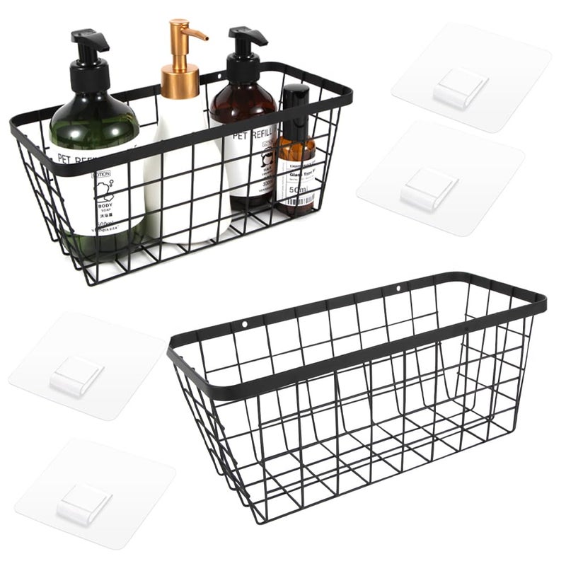 LeleCAT Hanging Kitchen Baskets  Wall-Mounted Basket for Storage & Organization Rustic Farmhouse Decor  No Drilling Adhesive Basket for Cabinet Pantry Organization and Kitchen  Bathroom  2 Pack  Black - Image 1