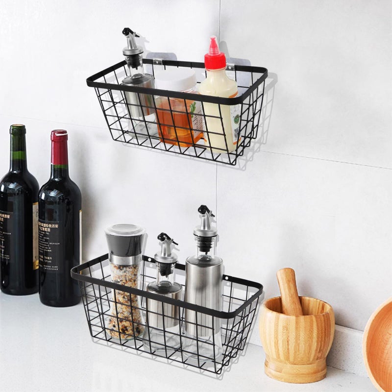 LeleCAT Hanging Kitchen Baskets  Wall-Mounted Basket for Storage & Organization Rustic Farmhouse Decor  No Drilling Adhesive Basket for Cabinet Pantry Organization and Kitchen  Bathroom  2 Pack  Black - Image 3