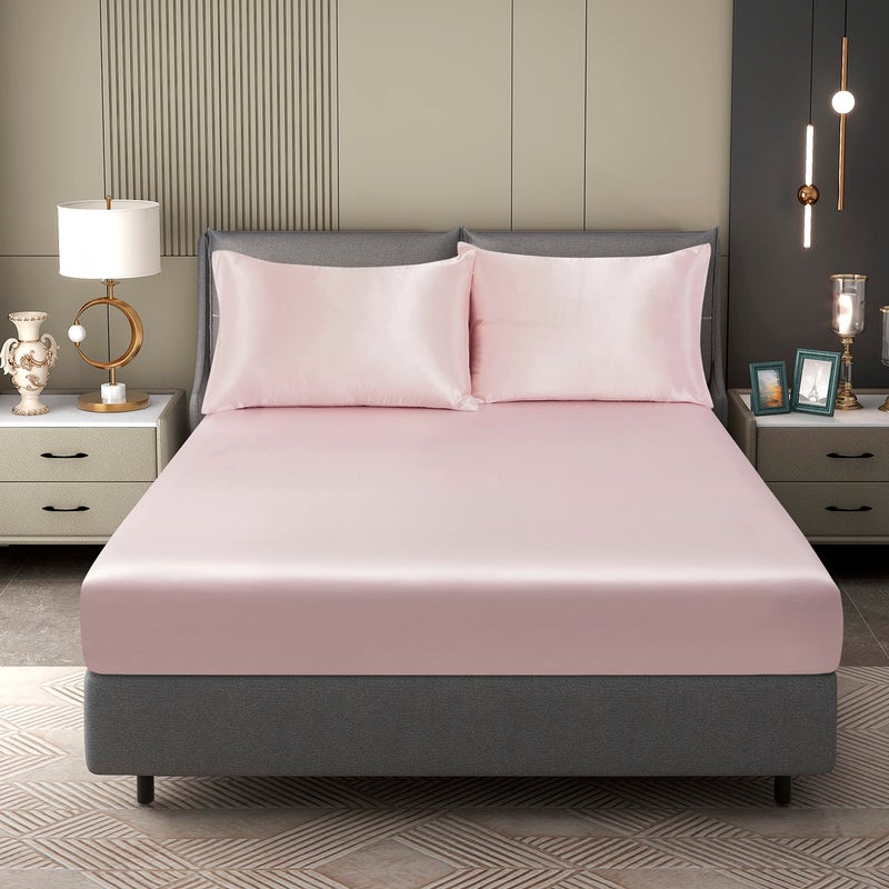 Counfeisly Queen Size Satin Fitted Sheet  Silky and Breathable Luxury Deep Pockets Fitted Sheet Only  Blush Pink - Image 1