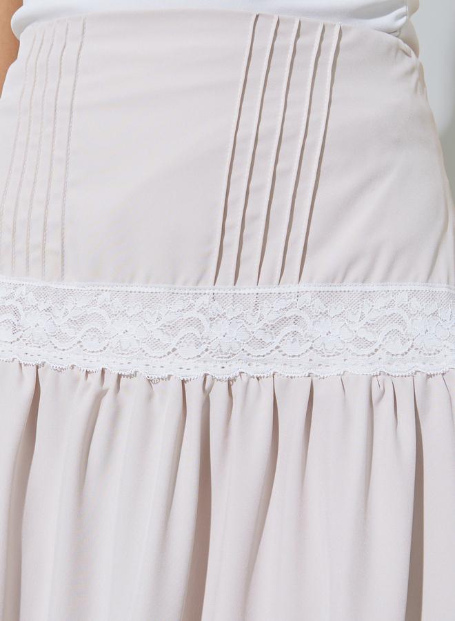 Styli Beige Solid Pleated Lace Detail A-Line Midi Skirt - Image 3