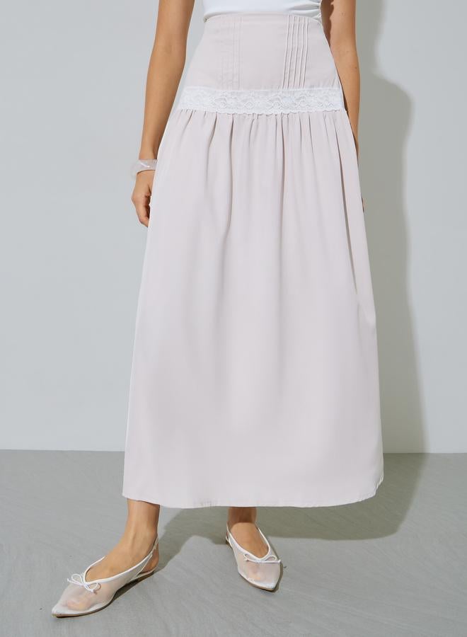 Styli Beige Solid Pleated Lace Detail A-Line Midi Skirt - Image 2