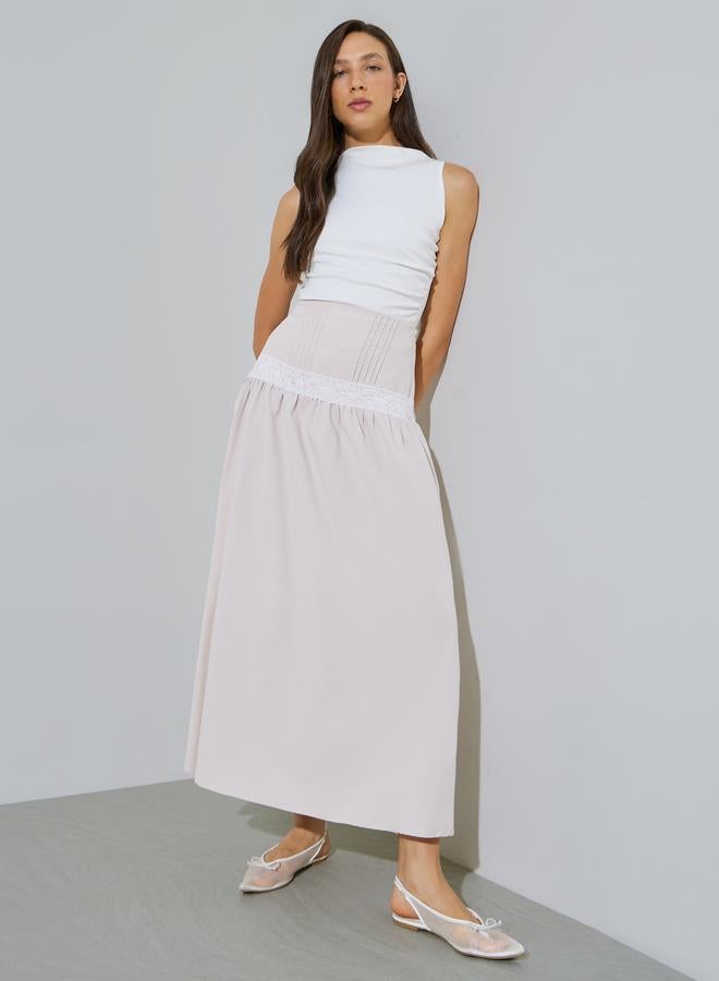 Styli Beige Solid Pleated Lace Detail A-Line Midi Skirt - Image 1