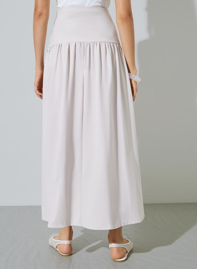 Styli Beige Solid Pleated Lace Detail A-Line Midi Skirt - Image 4