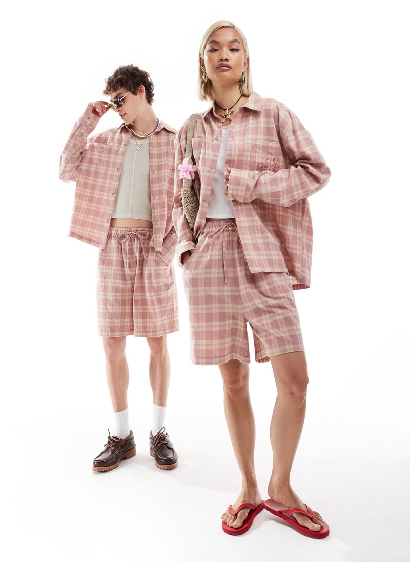 Reclaimed Vintage - Reclaimed Vintage unisex shirt in pink check co-or - Image 1